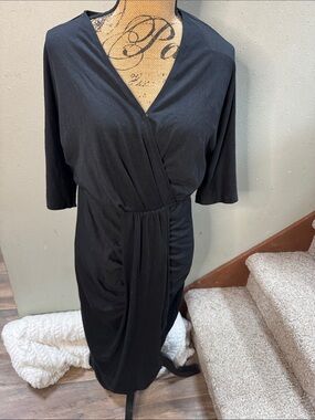 Black Midi Wrap-Style Dress with Draped Waist